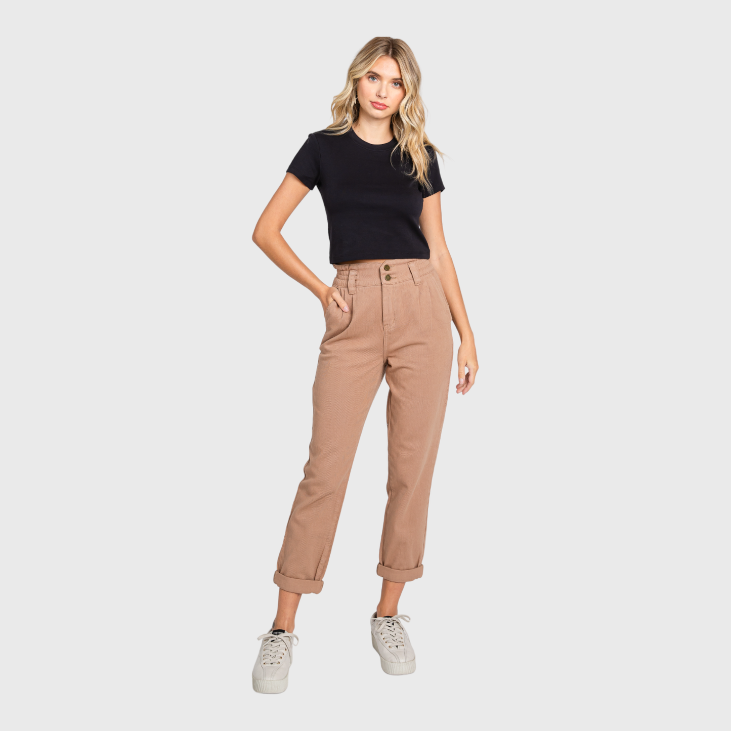 HIGH RISE PAPER BAG MOM JEANS W/ ELASTIC BAND