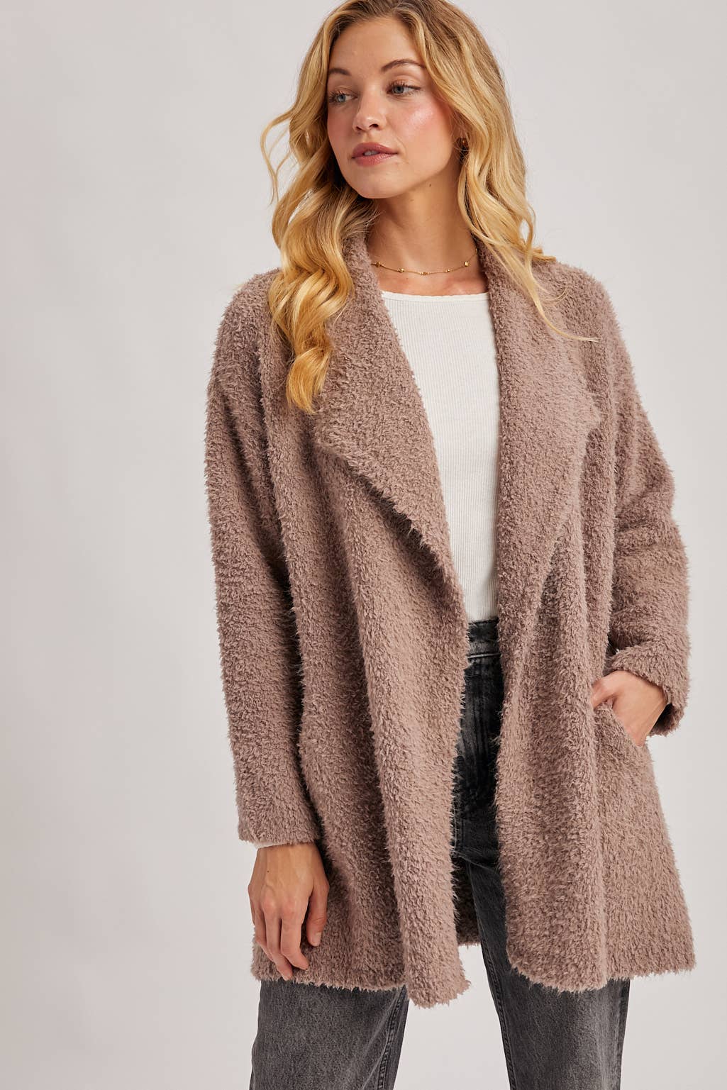 FUZZY KNIT DRAPE CARDIGAN