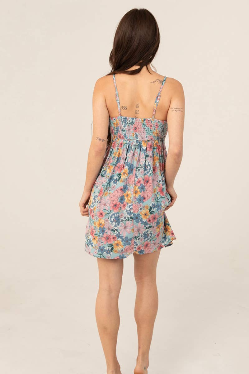 V NECK SMOCKED BODICE SIDE CUT OUTS SUNDRESS