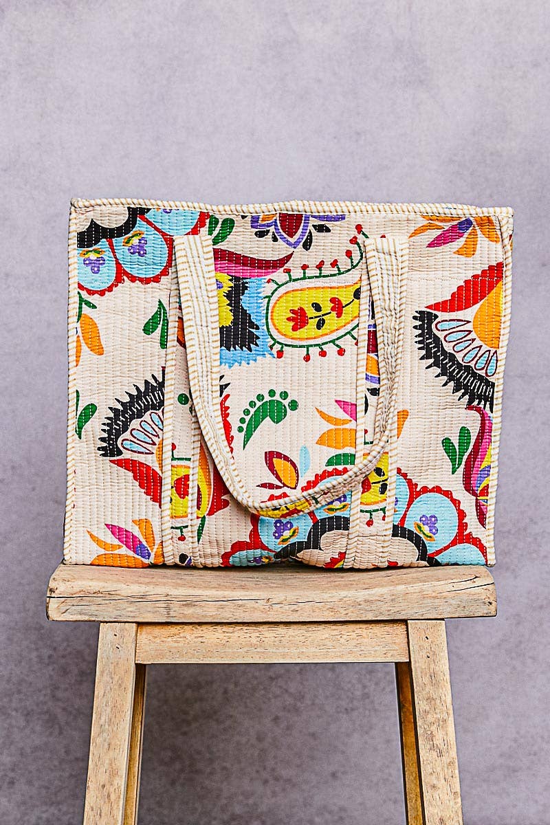 Cotton Printed Cream Tote Bag