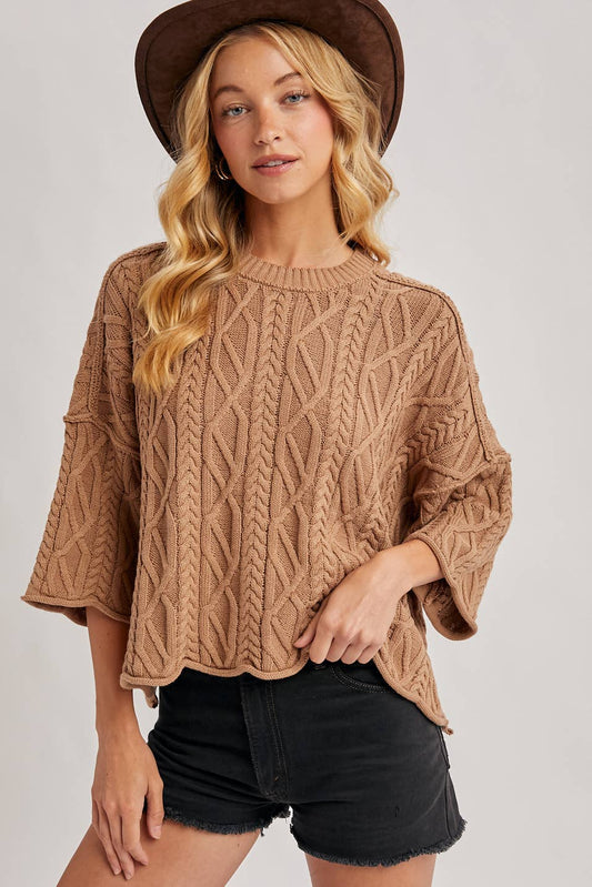 OVERSIZED BELL SLEEVE CABLE KNIT SWEATER