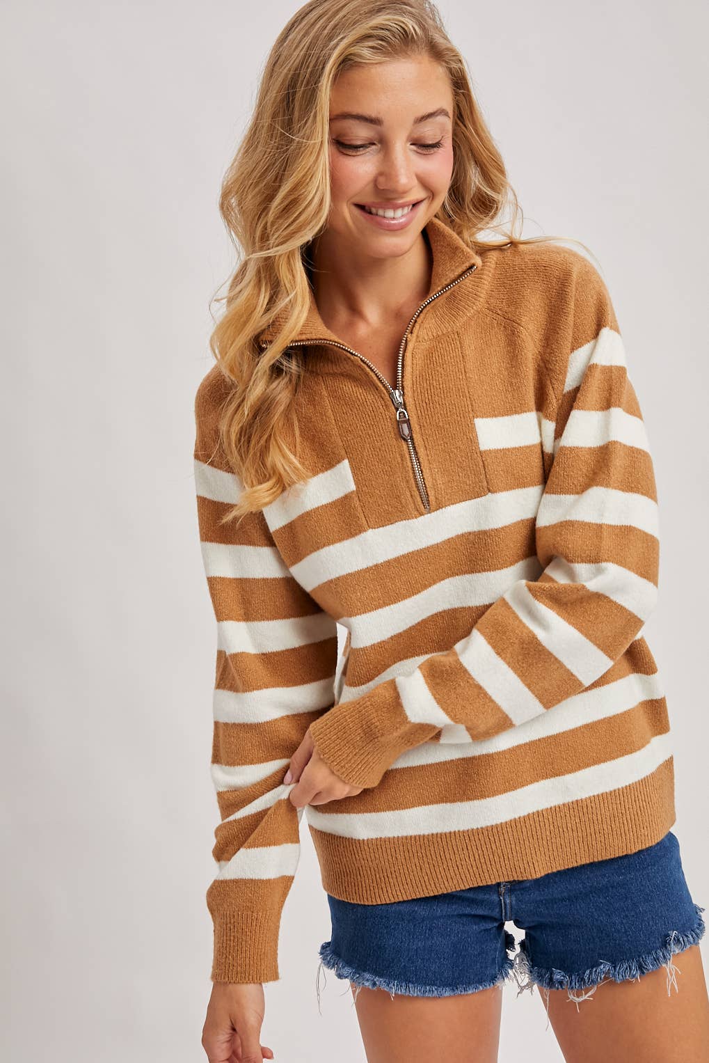 STRIPED HALF ZIPPED KNIT SWEATER
