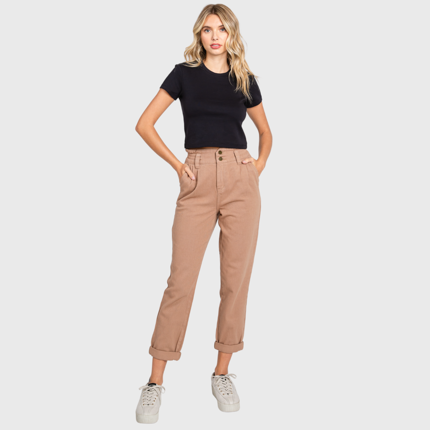 HIGH RISE PAPER BAG MOM JEANS W/ ELASTIC BAND
