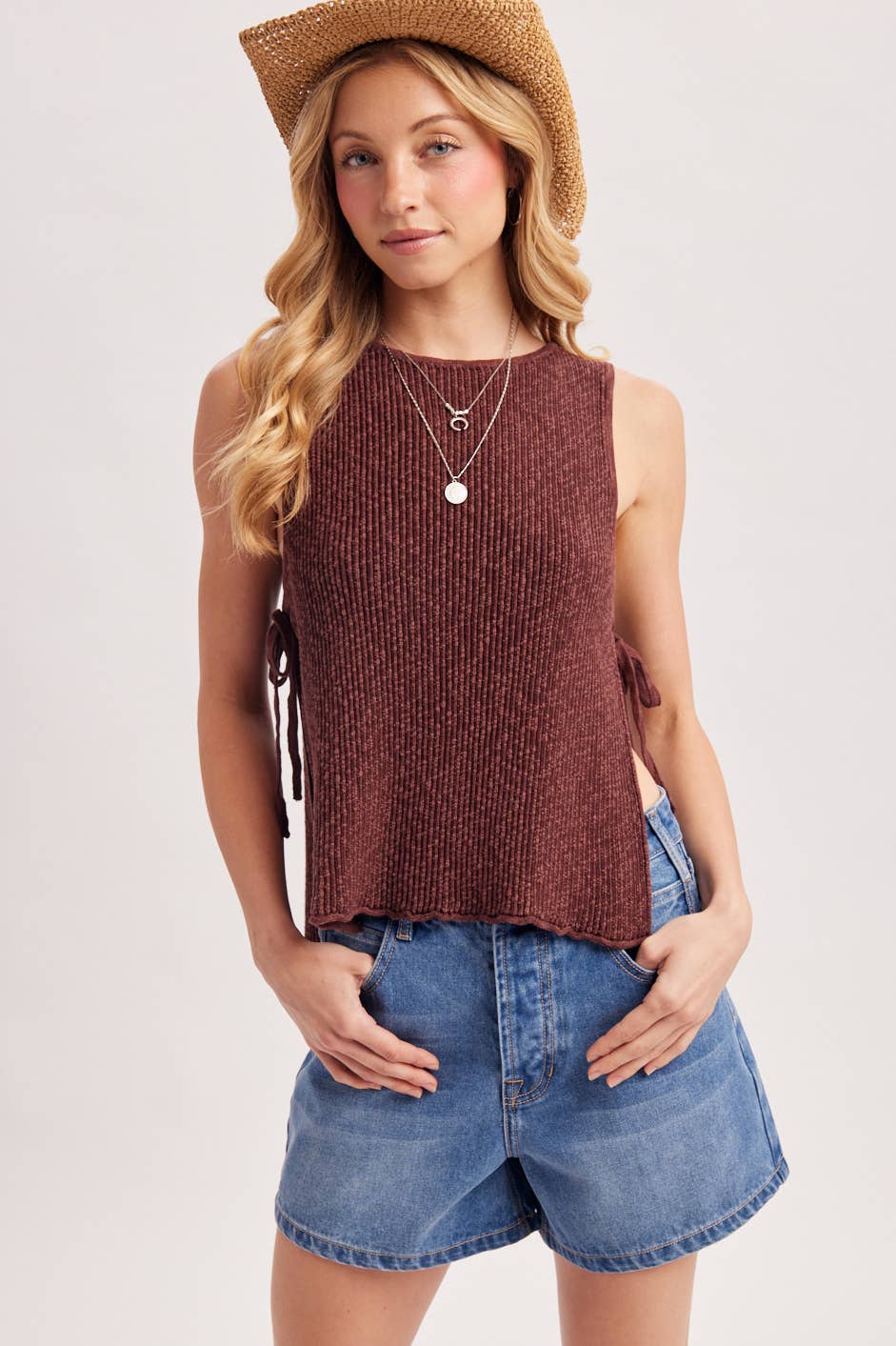 SLEEVELESS RIBBED KNIT TIED OPEN SIDE TOP