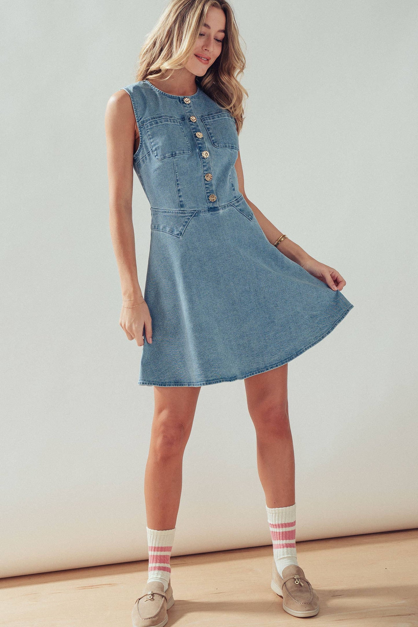 Button Front Sleeveless Stretch Denim Mini Dress