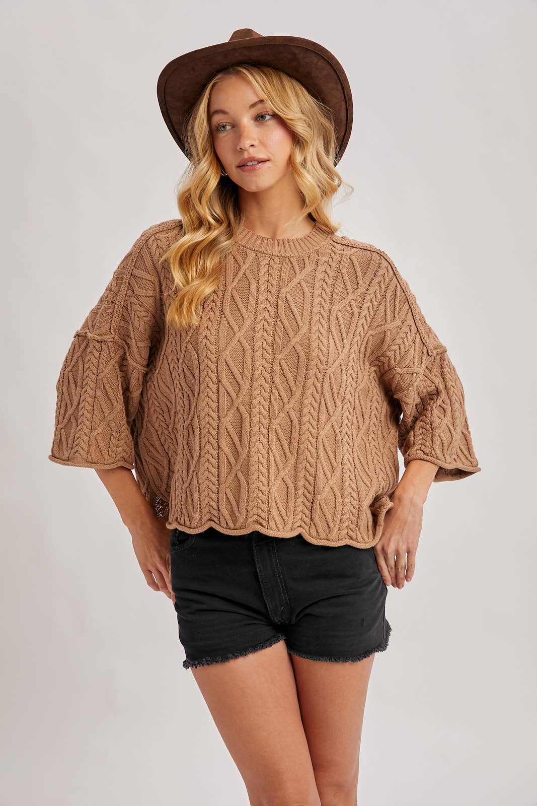 OVERSIZED BELL SLEEVE CABLE KNIT SWEATER