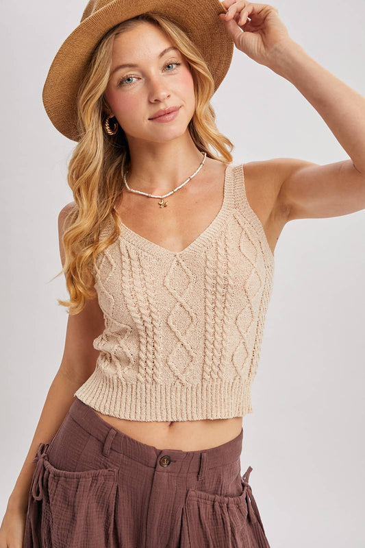 CABLE KNIT V-NECK SLEEVELESS TOP