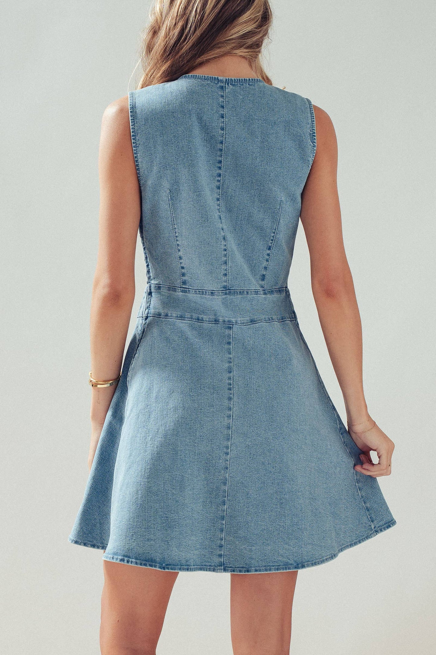 Button Front Sleeveless Stretch Denim Mini Dress