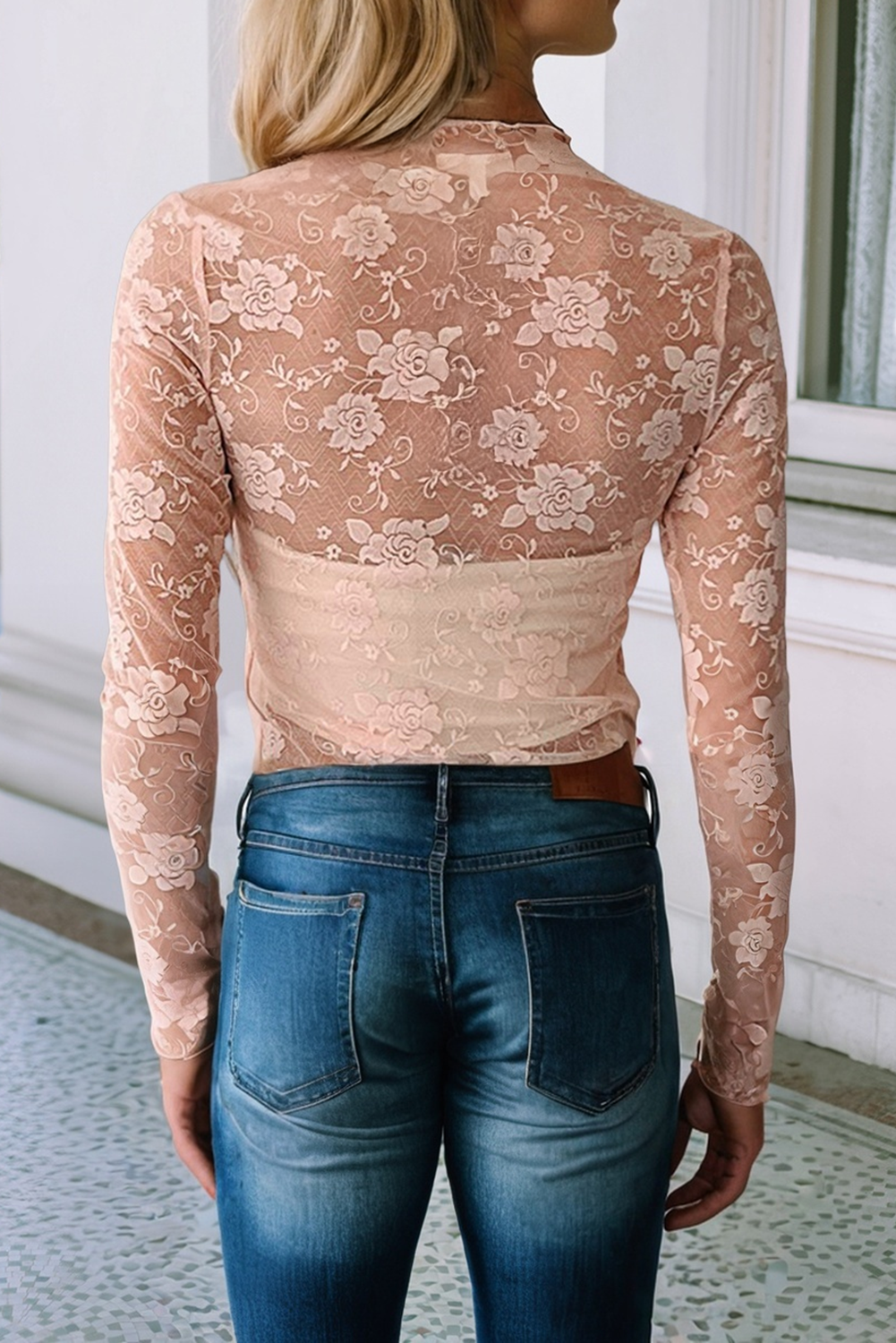 Mock Neck Floral Lace Mesh Long Sleeve Top