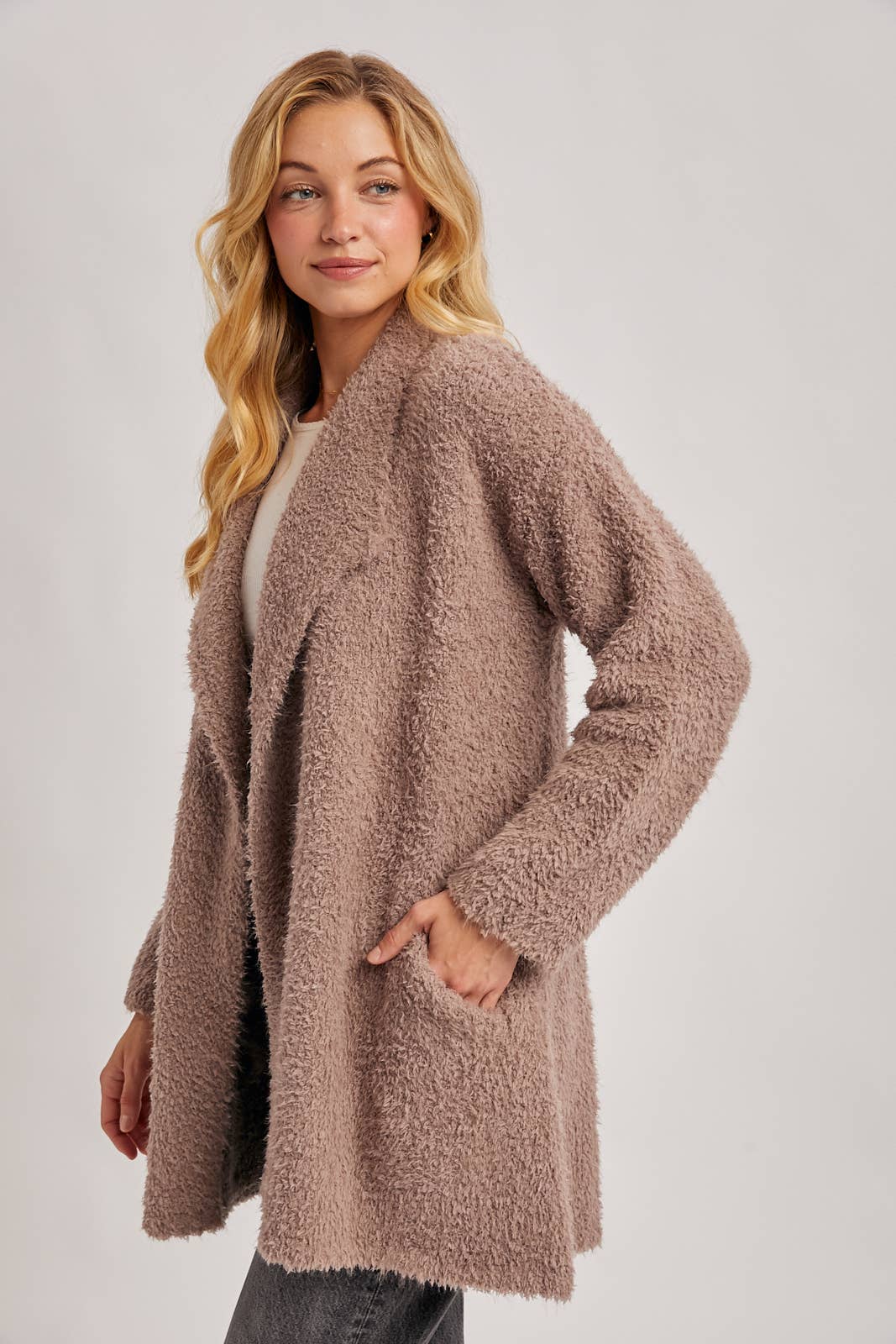 FUZZY KNIT DRAPE CARDIGAN
