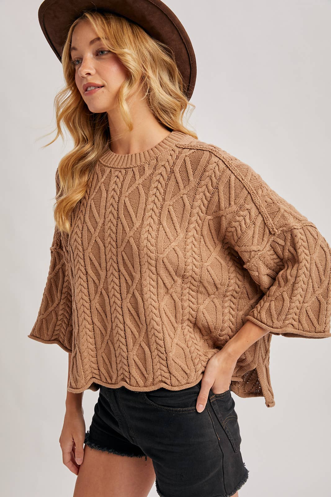 OVERSIZED BELL SLEEVE CABLE KNIT SWEATER