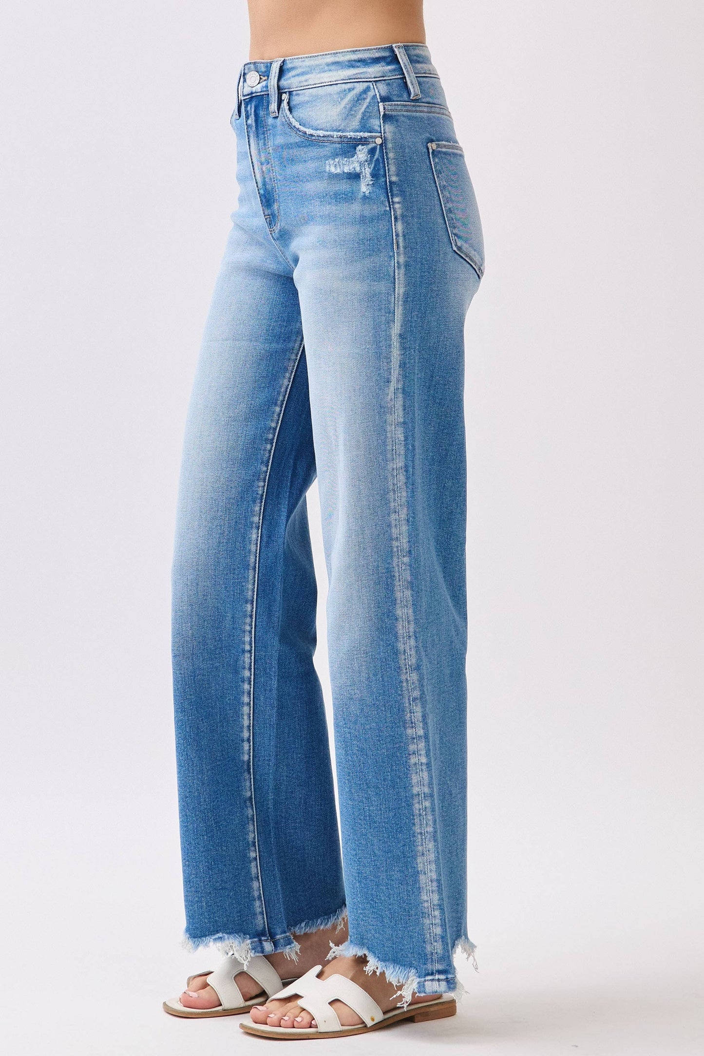PETRA HIGH RISE STRETCH  WIDE LEG W/ DESTROYED HEM JEANS