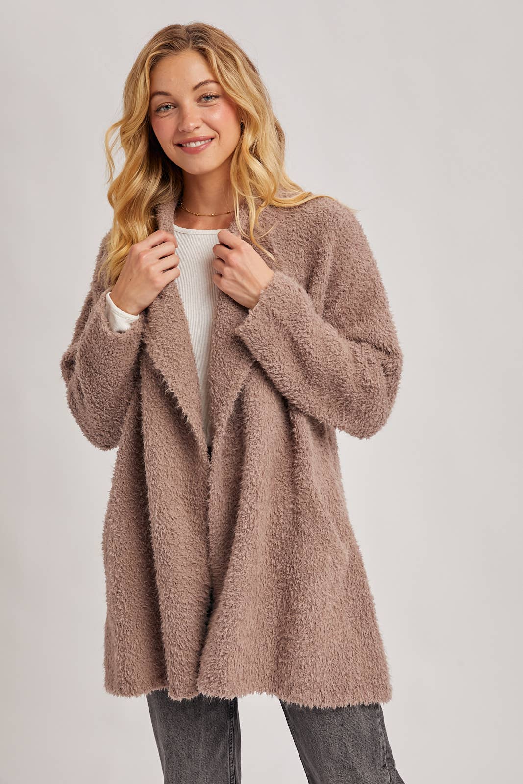 FUZZY KNIT DRAPE CARDIGAN