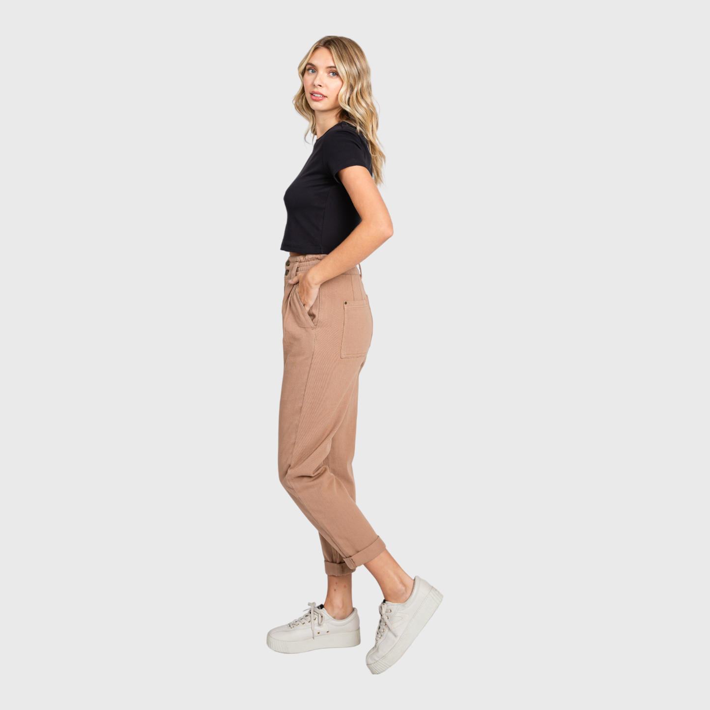 HIGH RISE PAPER BAG MOM JEANS W/ ELASTIC BAND