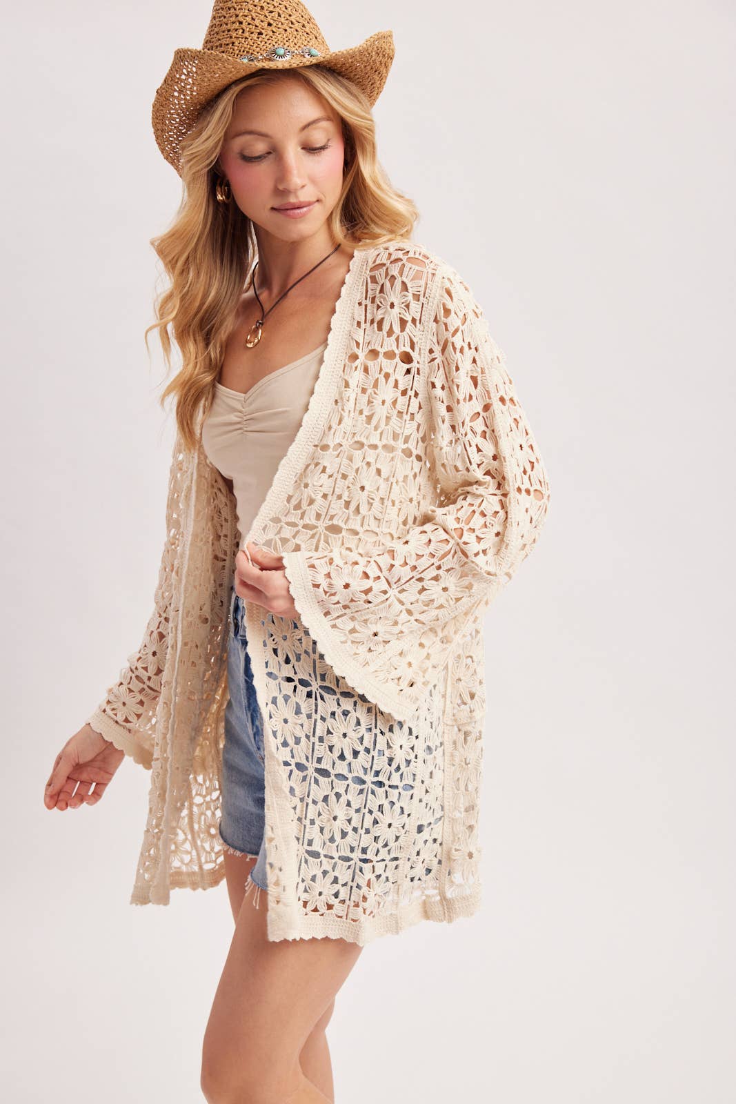 BOHO OPEN-WORK CROCHET KIMONO CARDIGAN