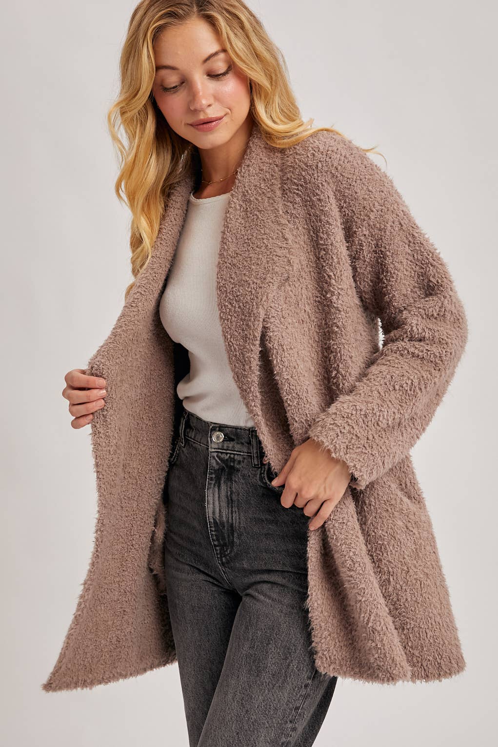 FUZZY KNIT DRAPE CARDIGAN