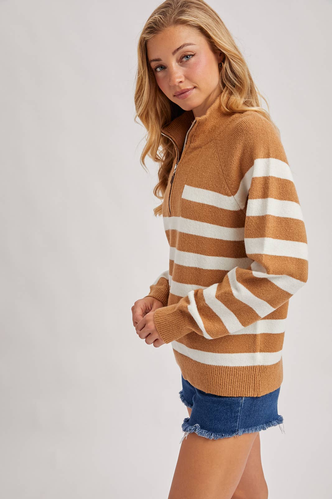STRIPED HALF ZIPPED KNIT SWEATER