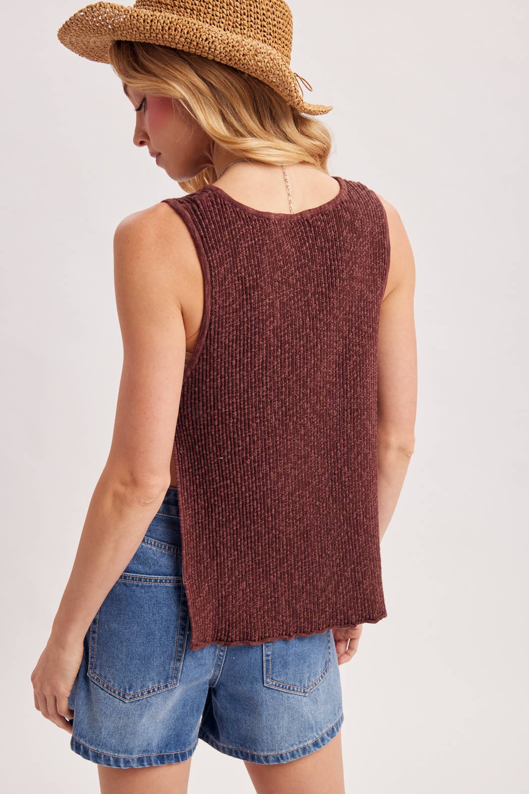 SLEEVELESS RIBBED KNIT TIED OPEN SIDE TOP