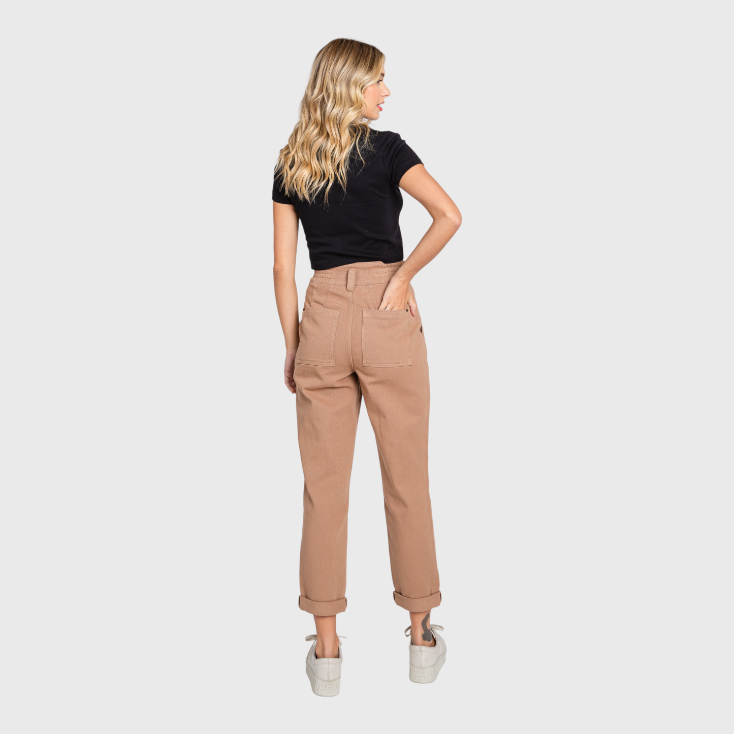 HIGH RISE PAPER BAG MOM JEANS W/ ELASTIC BAND