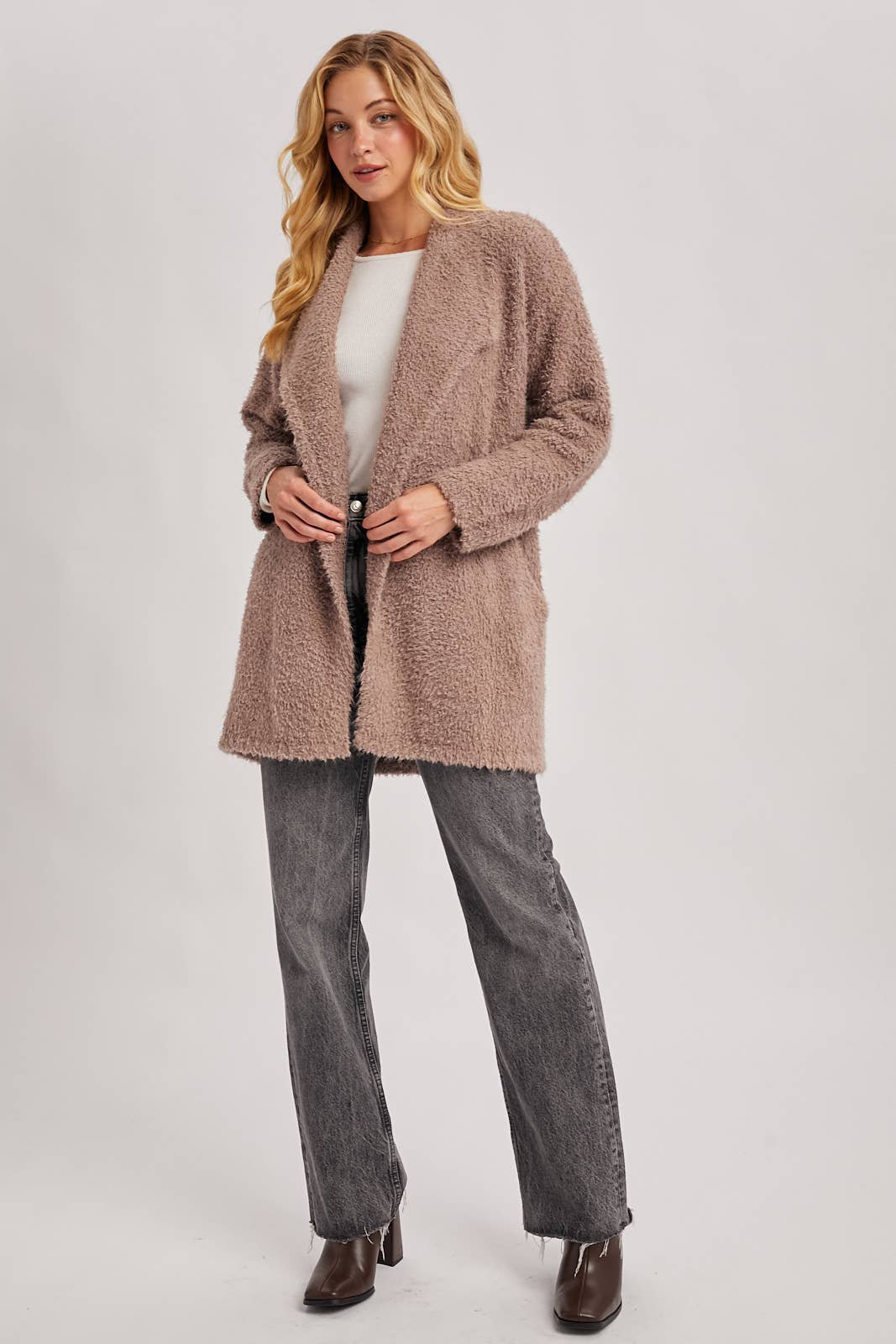 FUZZY KNIT DRAPE CARDIGAN
