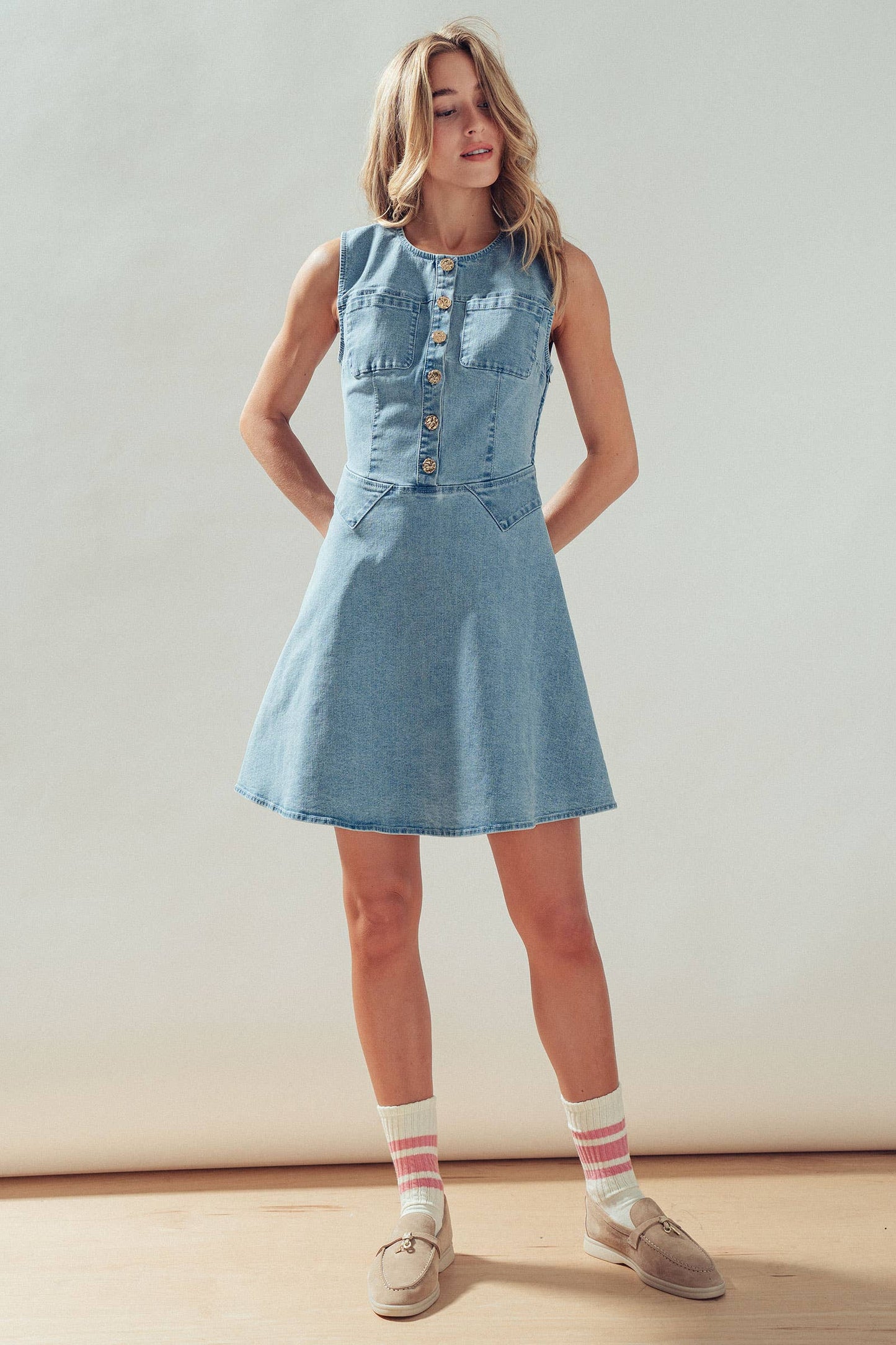 Button Front Sleeveless Stretch Denim Mini Dress