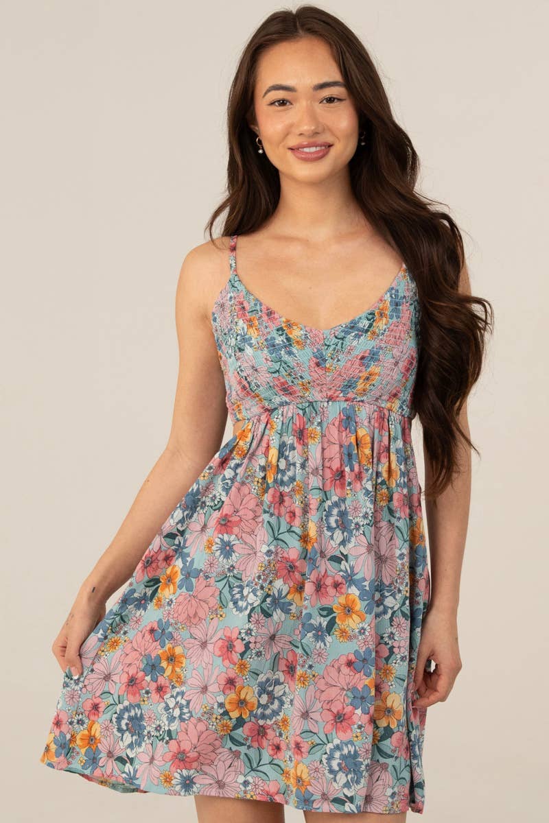 V NECK SMOCKED BODICE SIDE CUT OUTS SUNDRESS