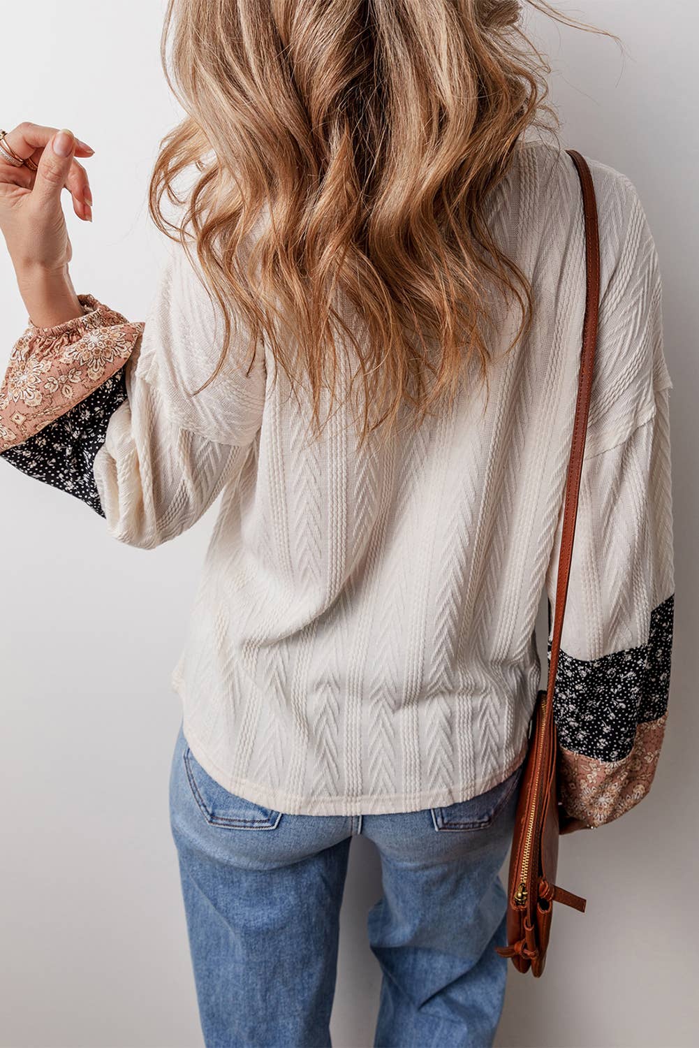 Floral Knit Drawstring V Neck Blouse