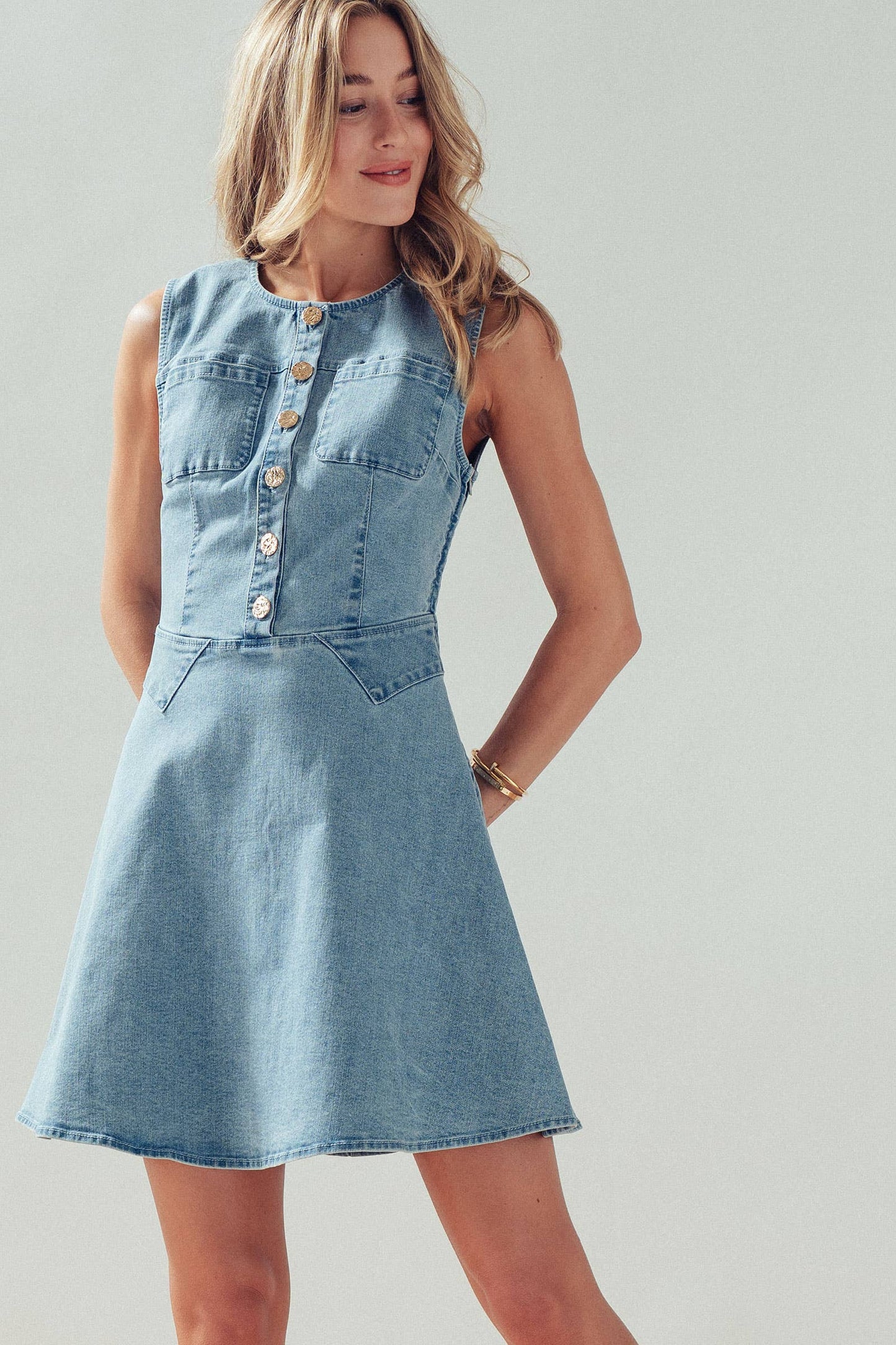 Button Front Sleeveless Stretch Denim Mini Dress