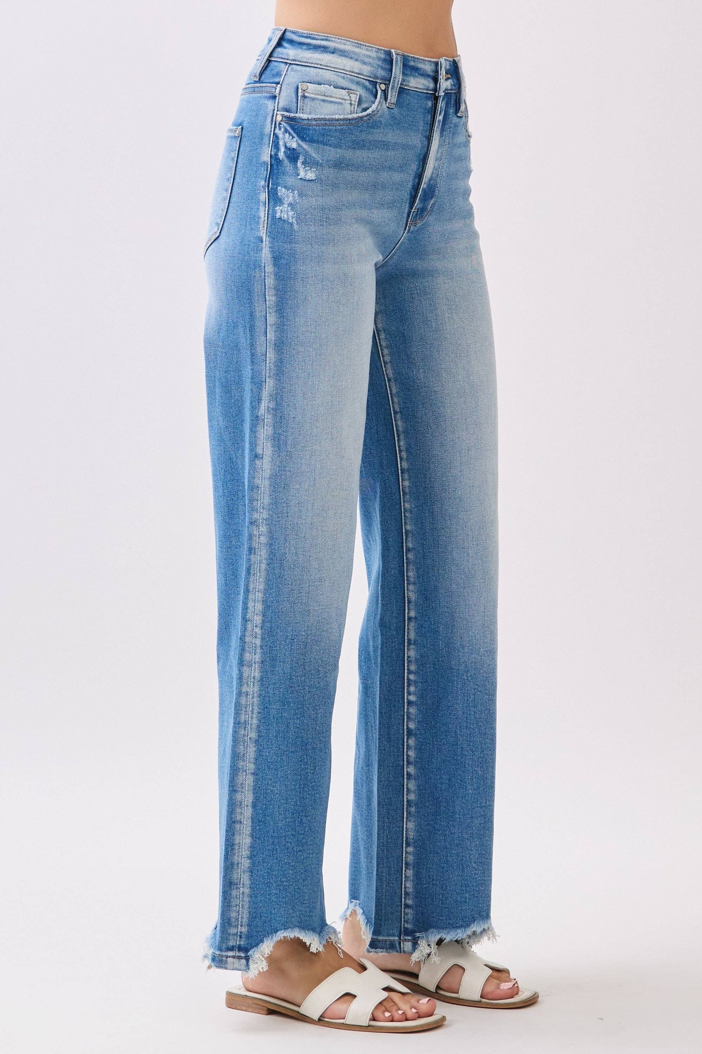 PETRA HIGH RISE STRETCH  WIDE LEG W/ DESTROYED HEM JEANS