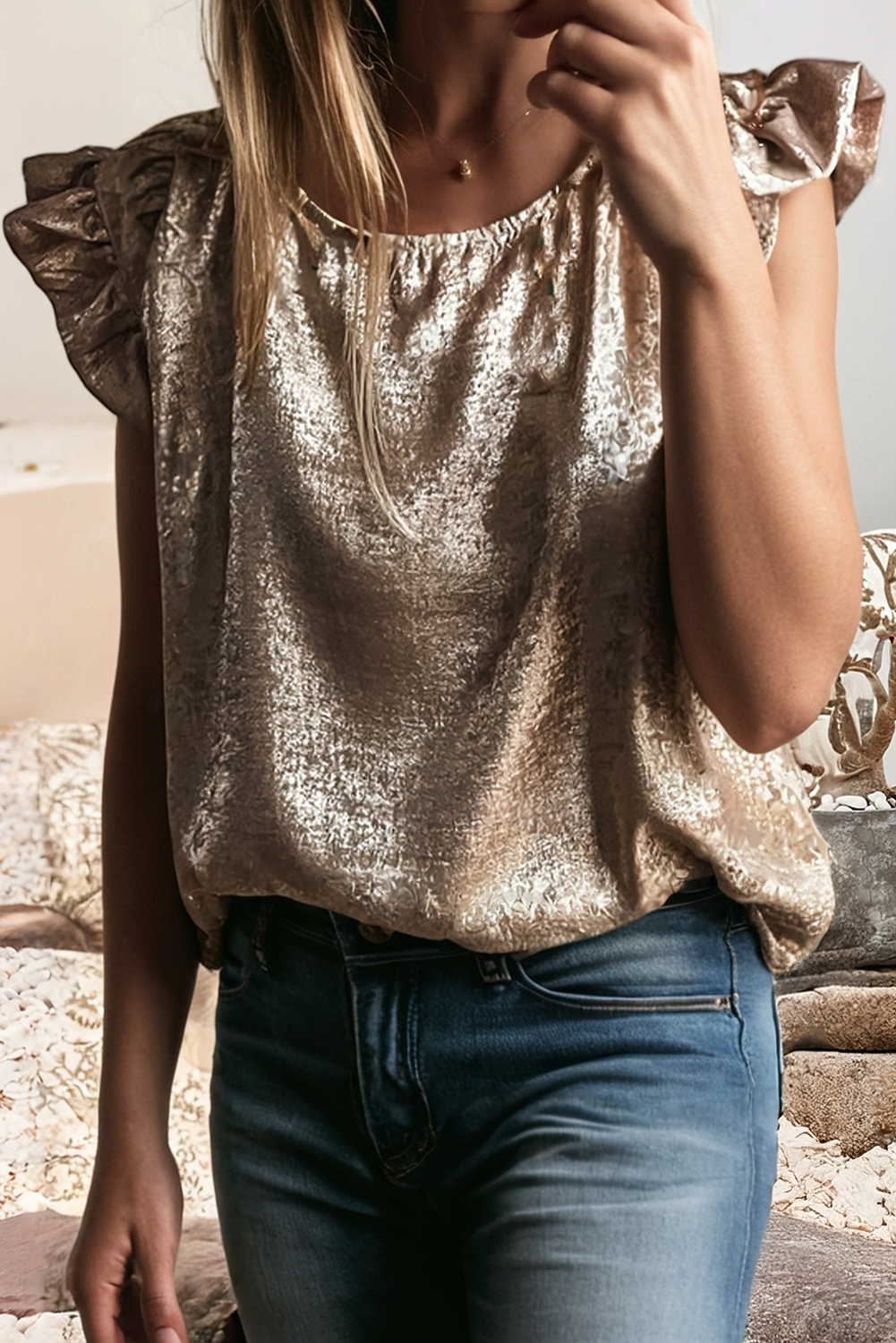 Metallic Ruffle Trim Sleeveless Top