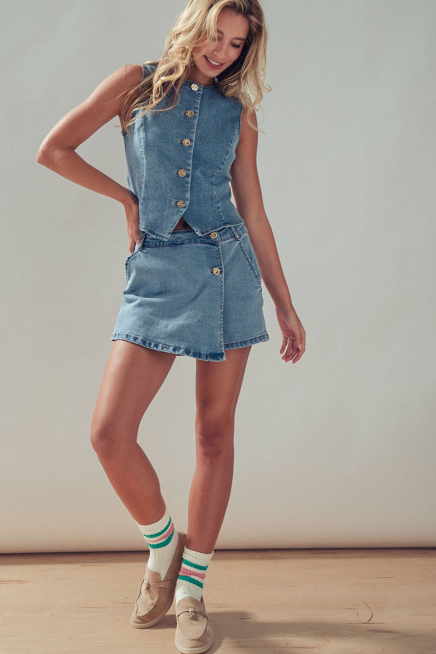 Fitted Gold Button Front Denim Vest