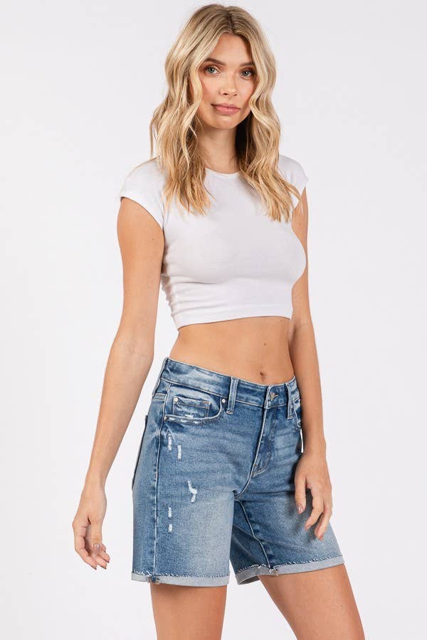 MID RISE STRETCH 7-INCH MIDI SHORTS W/ CUFFED HEM