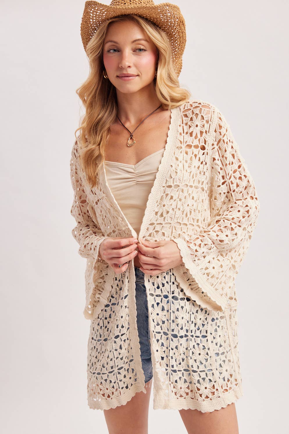 BOHO OPEN-WORK CROCHET KIMONO CARDIGAN