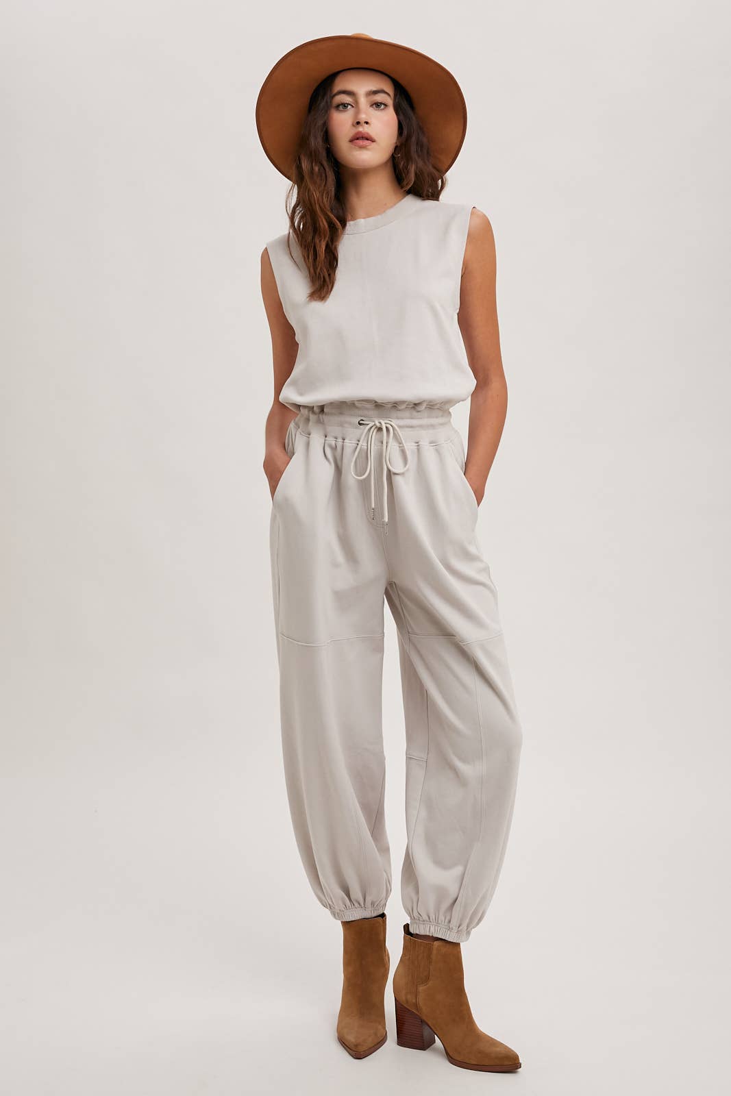 DRAWSTRING WAIST SLEEVELESS KNIT ACIVE JUMPSUIT