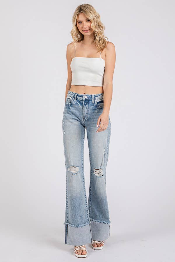 HIGH RISE SUPER STRETCH WIDE FLARE W/ CUFFED HEM