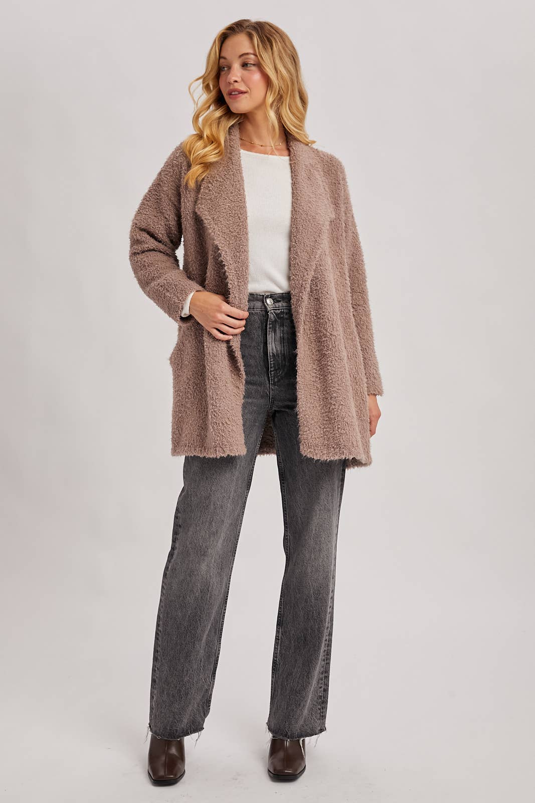 FUZZY KNIT DRAPE CARDIGAN