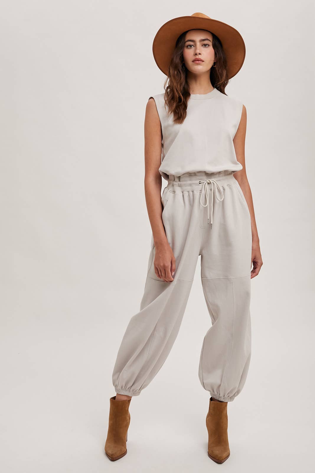 DRAWSTRING WAIST SLEEVELESS KNIT ACIVE JUMPSUIT