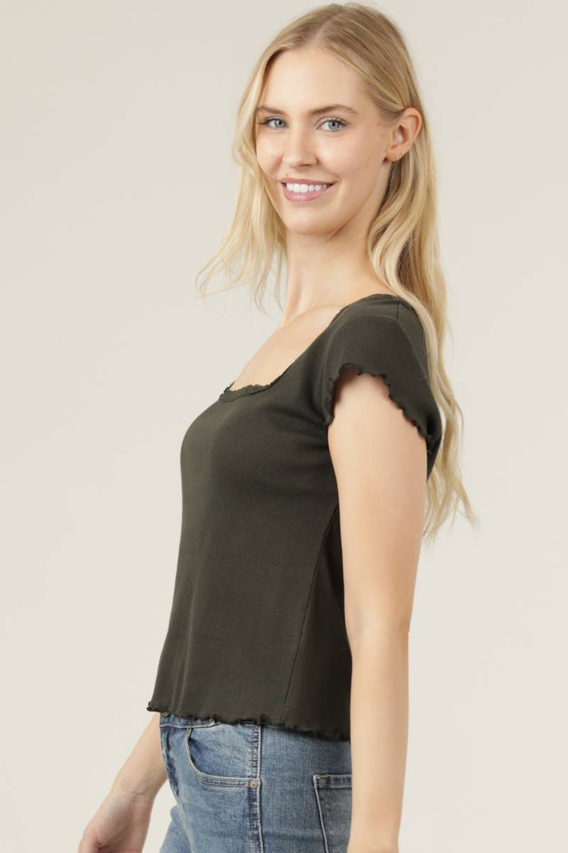 RIB KNIT LACE TRIM SHORT SLEEVE TOP
