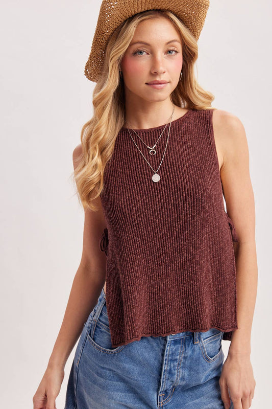 SLEEVELESS RIBBED KNIT TIED OPEN SIDE TOP