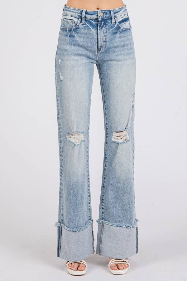 HIGH RISE SUPER STRETCH WIDE FLARE W/ CUFFED HEM