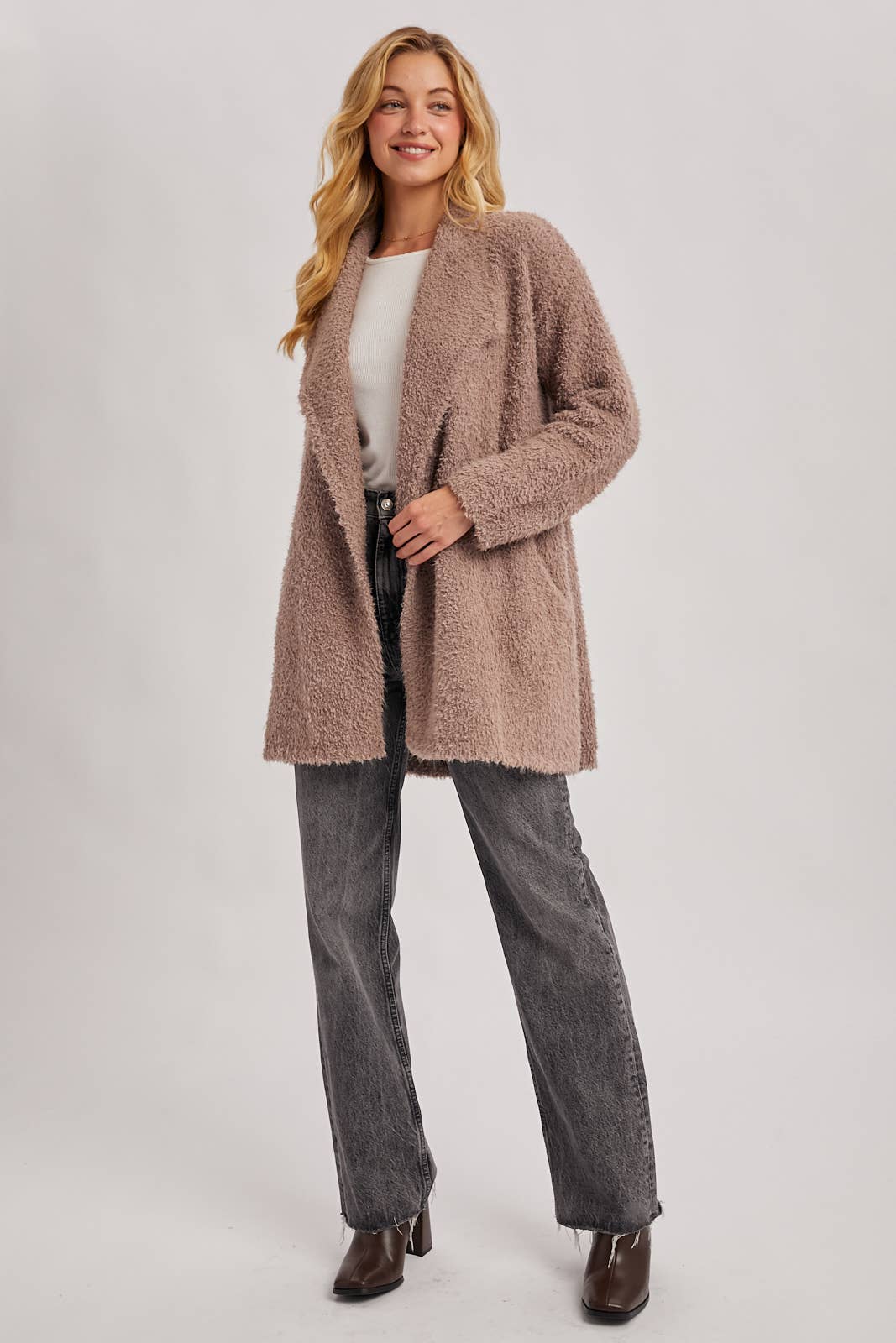 FUZZY KNIT DRAPE CARDIGAN