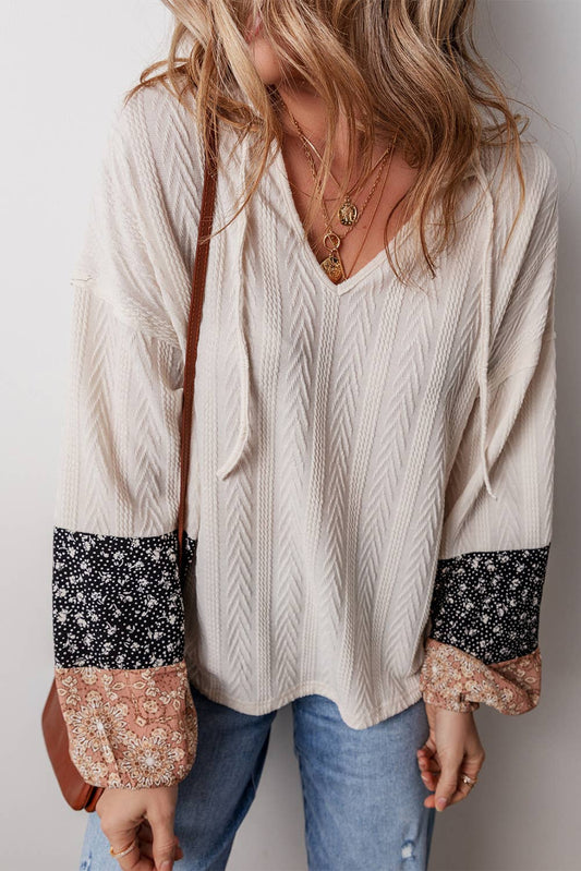 Floral Knit Drawstring V Neck Blouse