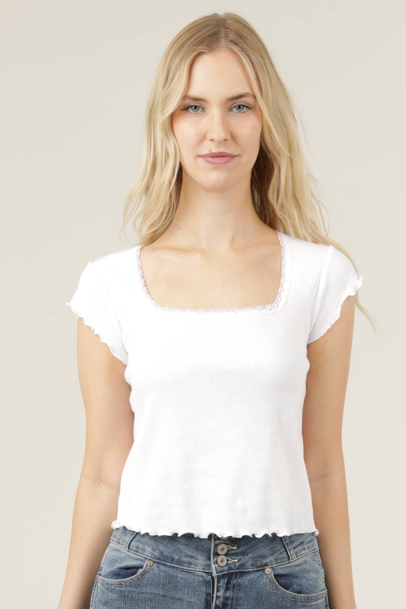 RIB KNIT LACE TRIM SHORT SLEEVE TOP