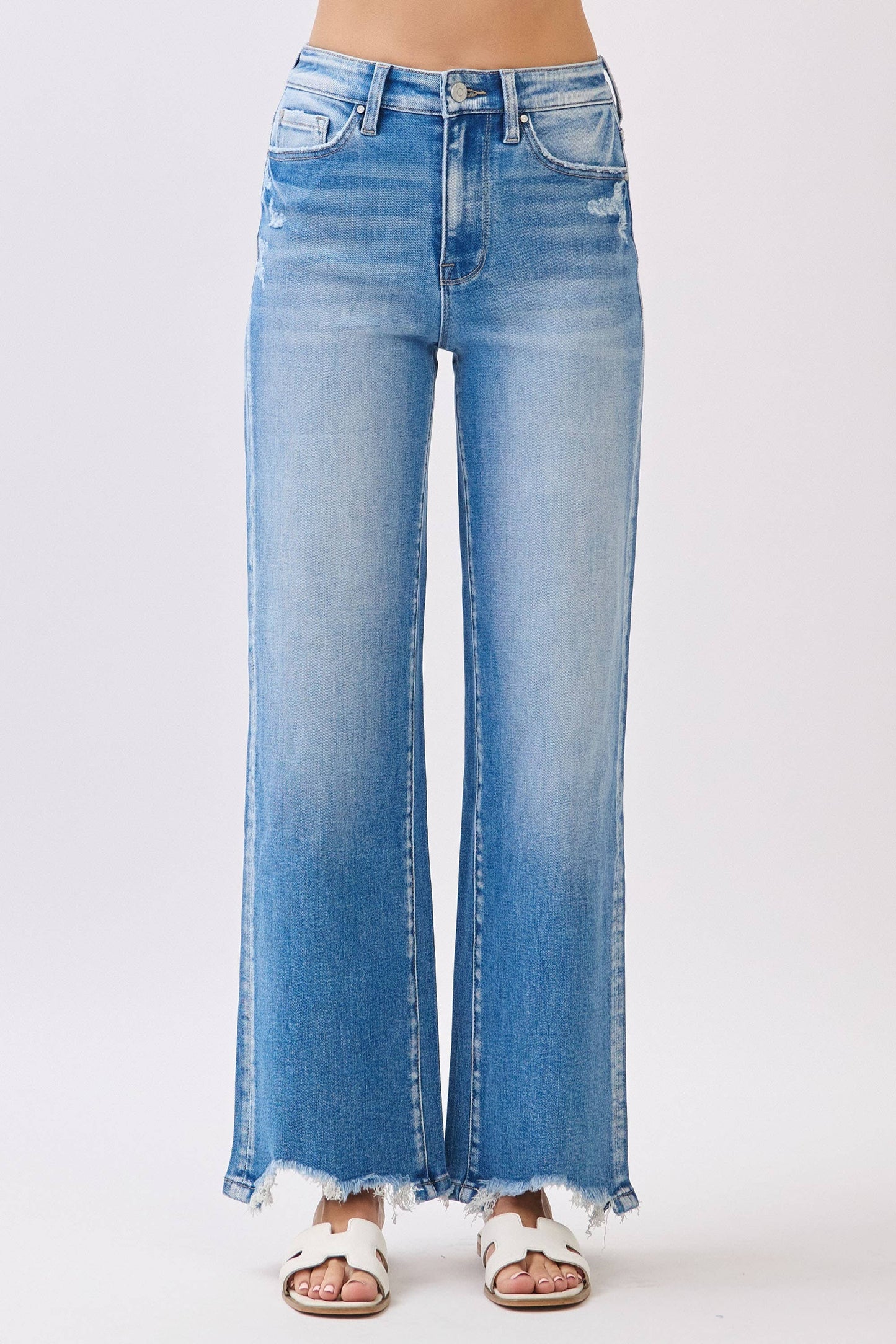 PETRA HIGH RISE STRETCH  WIDE LEG W/ DESTROYED HEM JEANS