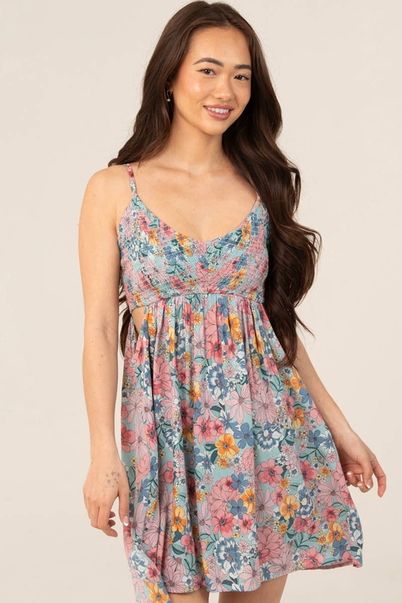 V NECK SMOCKED BODICE SIDE CUT OUTS SUNDRESS