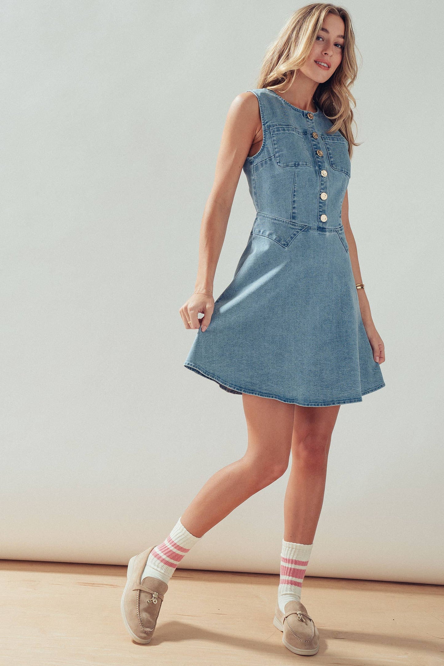 Button Front Sleeveless Stretch Denim Mini Dress