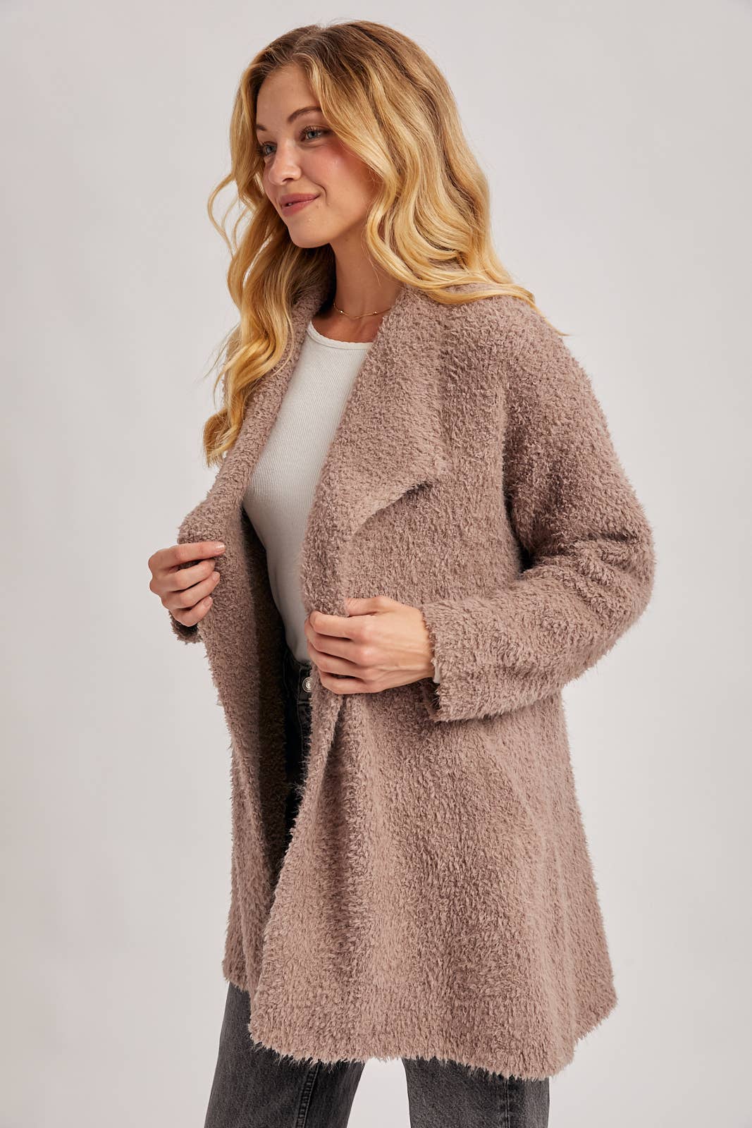 FUZZY KNIT DRAPE CARDIGAN