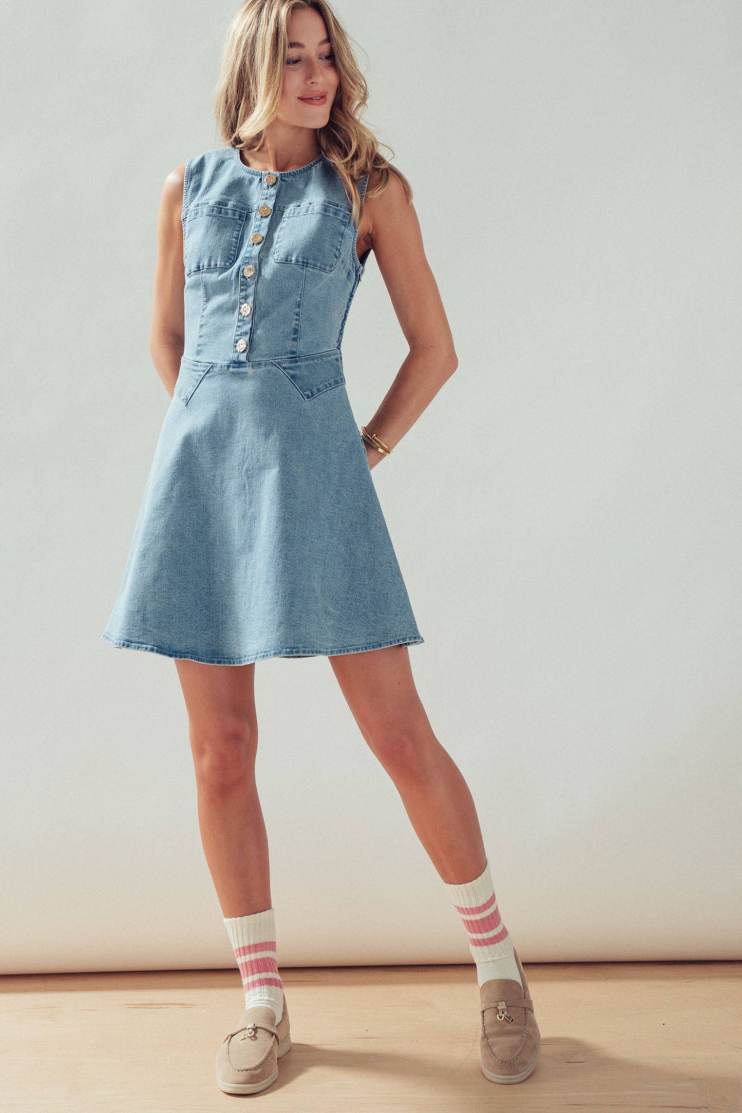 Button Front Sleeveless Stretch Denim Mini Dress