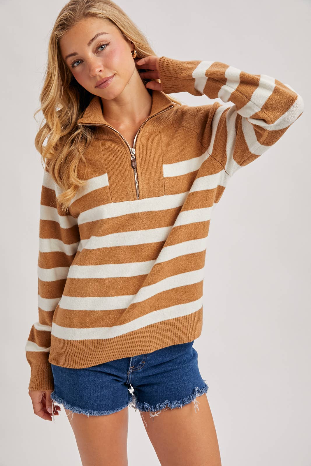 STRIPED HALF ZIPPED KNIT SWEATER