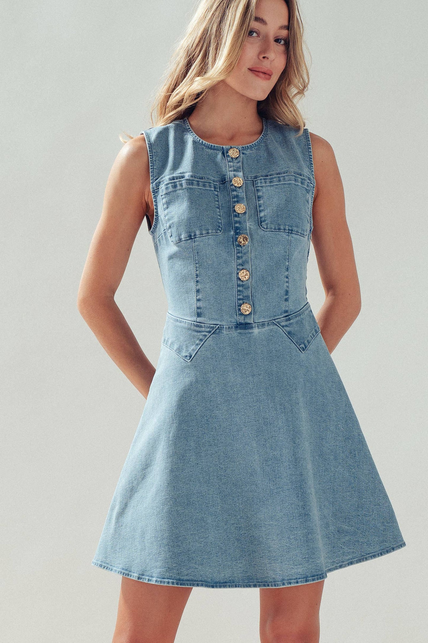Button Front Sleeveless Stretch Denim Mini Dress